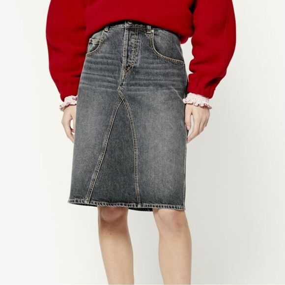 Isabel Marant Fiali Knee Length Denim Midi Skirt FR 34 / US 2 Grey MSRP $285 - Picture 1 of 12
